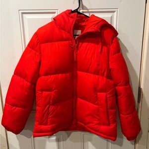 H&M Kids Bright Red Puffer Jacket winter coat with hood zip up pockets NWOT